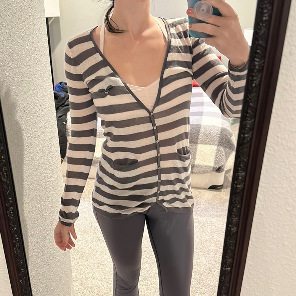 Grey and white striped sweater shirt- Moth Anthro